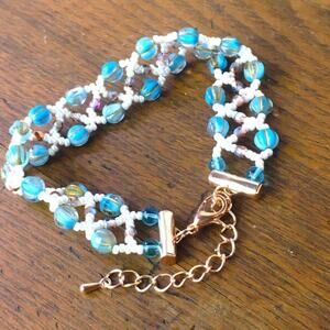 Blue, Gold & Ivory Netted Woven Bracelet